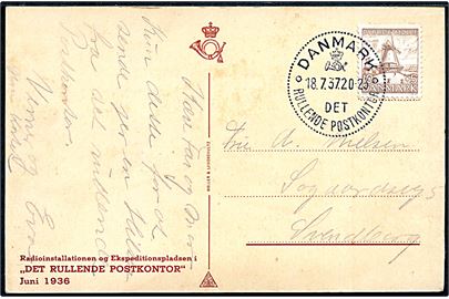 10+5 øre Dybbøl Mølle på brevkort annulleret med særstempel Danmark * Det Rullende Postkontor * d. 18.7.1937 til Svendborg. Det rullende postkontor var opstillet i Rudkøbing på Langeland i dagene 16.-18. juli 1937 i forbindelse med Rudkøbings 650 års byjubilæum.