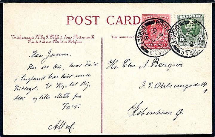 5 øre Fr. VIII og britisk 1d Edward VII på brevkort (Rodwell Station, Waymouth) annulleret med britisk stempel Portland Harbour S.O. Dorset d. 25.10.1908 til København, Danmark.
