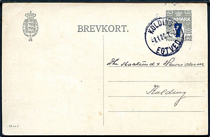 7/3 øre provisorisk helsagsbrevkort (fabr. 45-C) fra Egtved annulleret med bureaustempel Kolding - Egtved T.3 d. 3.1.1920 til Kolding.