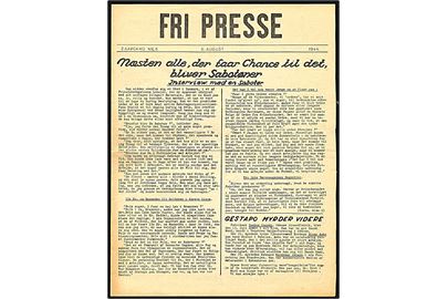 Fri Presse, 2. aargang nr. 6 af 6.8.1944. Illustreret illegalt blad på 4 sider.