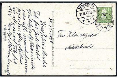15 øre Chr. X på brevkort (Thorshavn i sne) annulleret med udslebet stjernestempel SELLETRÆ og sidestemplet Thorshavn d. 31.12.1947 til Nordskaale.