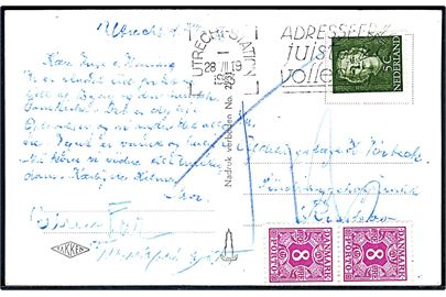 Hollandsk 5 c. på underfrankeret brevkort fra Utrech d. 28.7.1953 til Risskov, Danmark. Udtakseret i porto med 8 øre Portomærke i parstykke. Portomærkerne er ikke afstemplet. 