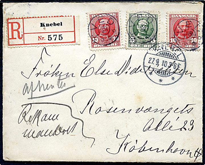 5 øre og 10 øre (2) Fr. VIII på anbefalet brev annulleret med stjernestempel TVED og sidestemplet Knebel d. 27.9.1910 til København.