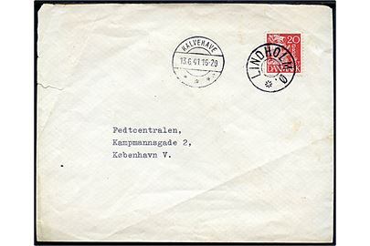 20 øre Karavel på fortrykt kuvert fra Statens veterinære Forsøgsstation for Virussygdomme annulleret med udslebet stjernestempel LINDHOLM Ø og sidestemplet Kalvehave d. 13.6.1941 til København.