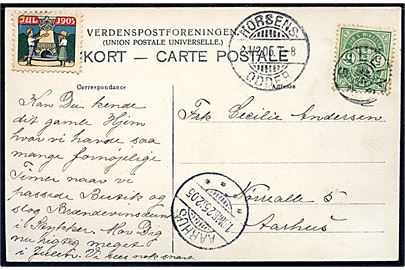 5 øre Våben og julemærke 1905 på brevkort (Gadeparti fra Gylling, H. A. Ebbesen no. 302) annulleret med stjernestempel GYLLING og sidestemplet bureau Horsens - Odder T.8 d. 24.12.1905 