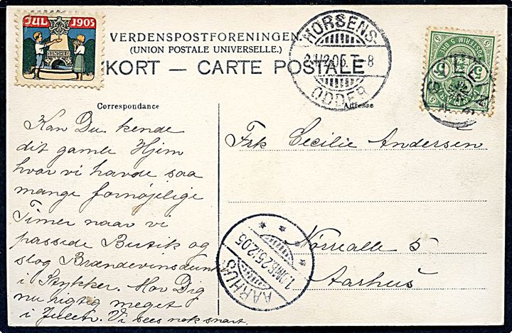 5 øre Våben og julemærke 1905 på brevkort (Gadeparti fra Gylling, H. A. Ebbesen no. 302) annulleret med stjernestempel GYLLING og sidestemplet bureau Horsens - Odder T.8 d. 24.12.1905 