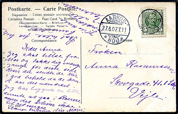 5 øre Fr. VIII på brevkort annulleret med bureaustempel BEDER og sidestemplet bureau Aarhus - * Hou * T.11 d. 27.6.1907 til Vejle.