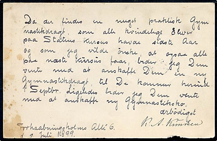 5 øre Våben helsagsbrevkort annulleret med stjernestempel GILLELEJE og sidestemplet lapidar Nordsjæll.JB.PKT. d. 10.7.1899 til Vejle. Sendt fra Gymnastiklærer og senere Gymnastikinspektør K. A. Nielsen (1864-1949). 
