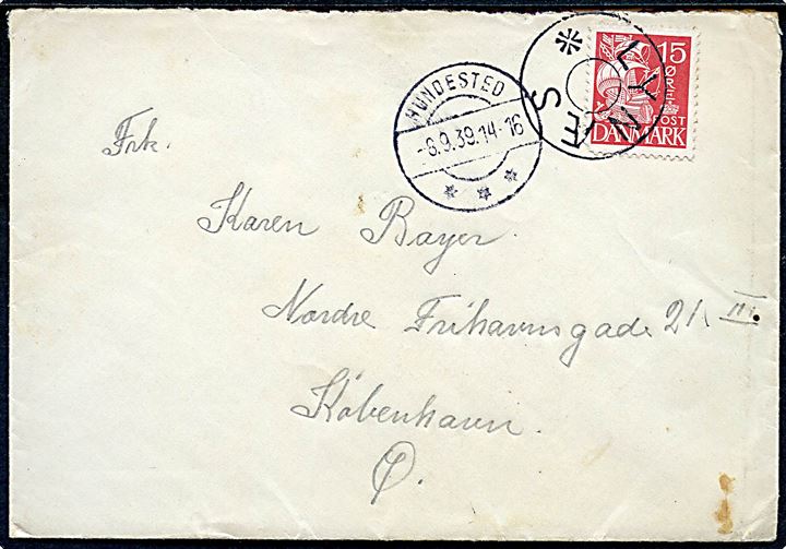 15 øre Karavel på brev annulleret med udslebet stjernestempel LYNÆS og sidestemplet Hundested d. 8.9.1939 til København.