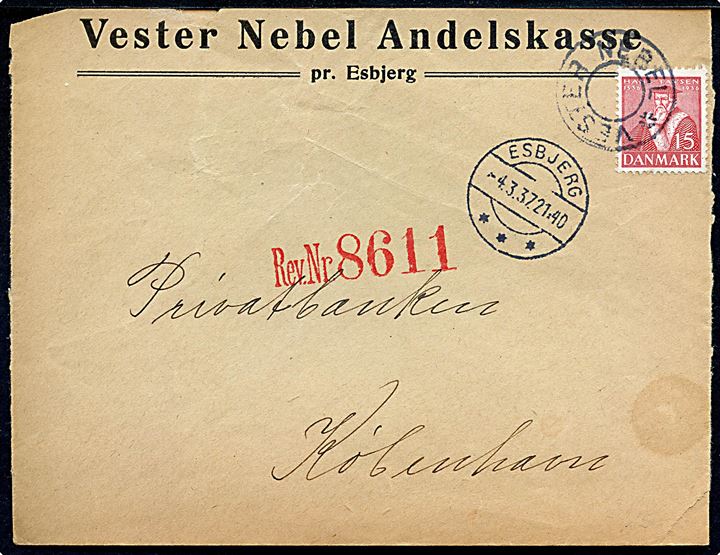 15 øre Tavsen på fortrykt kuvert fra Vester Nebel Andelskasse annulleret med udslebet stjernestempel VESTER NEBEL og sidestemplet Esbjerg d. 4.3.1937 til Købehavn.