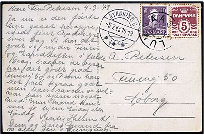 5 øre Bølgelinie (defekt) og 10 øre Chr. X på brevkort (Udsigt fra Lumbsaas kirketaarn) annulleret med udslebet stjernestempel LUMSAAS og sidestemplet Nykøbing S. d. 5.7.1943 til Søborg.