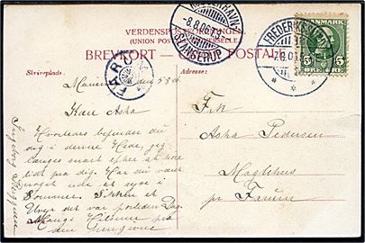 5 øre Chr. IX på brevkort fra Frederikssund d. 7.8.1906 til Maglehus pr. Farum. Transitstemplet med bureau Kjøbenhavn - Slangerup T.3 d. 8.8.1906 og ank.stemplet med stjernestempel FARUM.