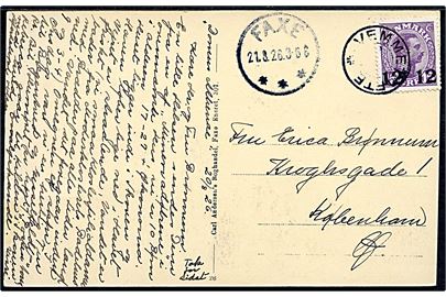 12/15 øre Provisorium på brevkort (Vemmetofte Strand) annulleret med stjernestempel VEMMETOFTE og sidestemplet brotype IIIb Faxe d. 21.8.1926 til København.