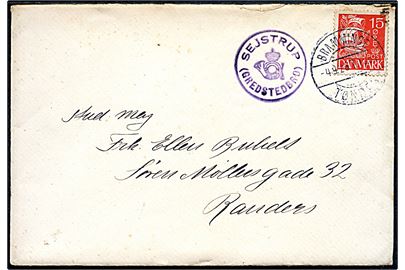 15 øre Karavel på brev annulleret med bureaustempel Bramminge - Tønder sn2 T.1063 d. 4.9.1928 sidestemplet med posthornstempel SEJSTRUP (GREDSTEDBRO) til Randers.