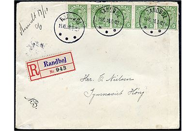 5 øre Chr. X (5) på anbefalet brev annulleret med brotype IIIb Randbøl d. 16.10.1918 via Kalundborg til Høng. Blanco-rec.-etiket med violet liniestempel Randbøl.
