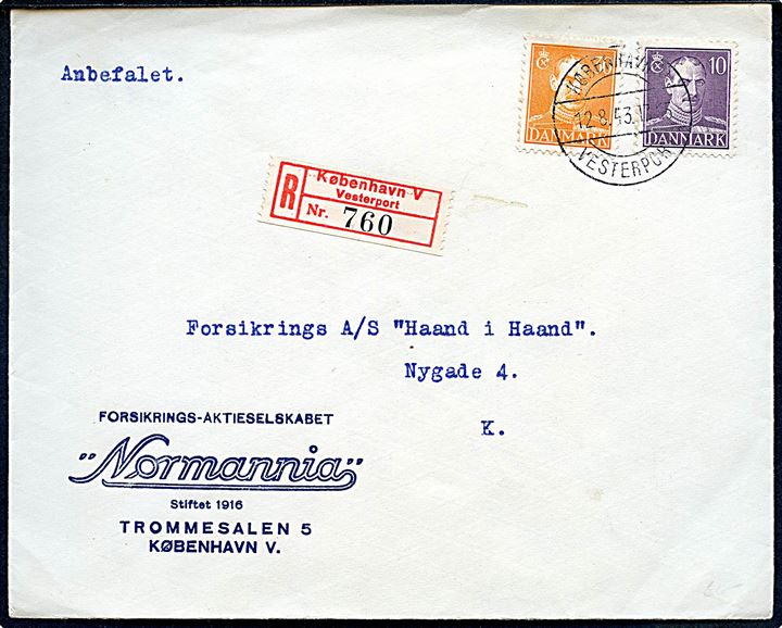 10 øre og 30 øre Chr. X på illustreret firmakuvert fra Normannia, Trommesalen 5 sendt som lokalt anbefalet brev fra Postindlevringsstedet Vesterport og annulleret brotype IId København V. Vesterport d. 12.8.1943. 