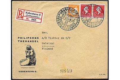 10 øre og 15 øre (par) H. C. Andersen på illustreret firmakuvert fra Philipsons Thehandel sendt anbefalet fra København 8 (Frihavnen) og annulleret med særligt dagstempel d. 13.1.1936 til Helsingfors, Finland.