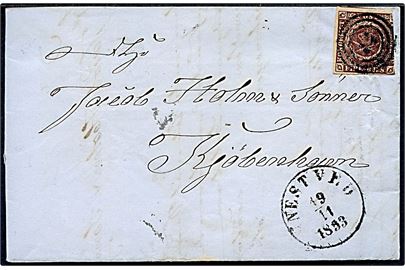 4 R.B.S. Thiele II (tætklippet i højre side) på brev annulleret med nr.stempel 44 og sidestemplet antiqua Nestved d. 19.11.1853 til Kjøbenhavn.