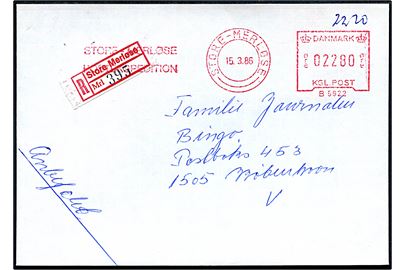 22,80 kr. posthusfranko frankeret anbefalet brev fra Store-Merløse Postekspedition d. 15.3.1986 til København.