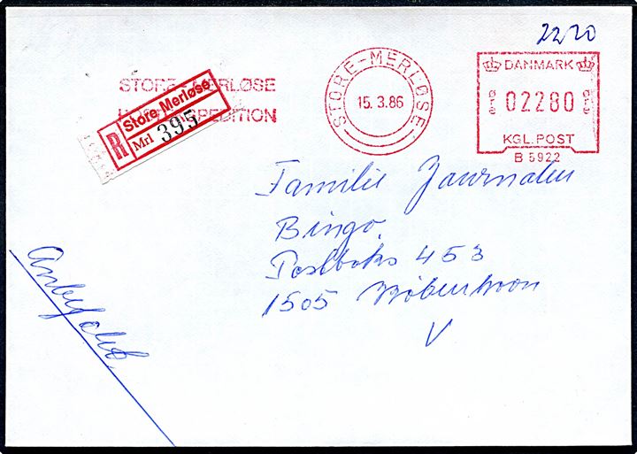 22,80 kr. posthusfranko frankeret anbefalet brev fra Store-Merløse Postekspedition d. 15.3.1986 til København.