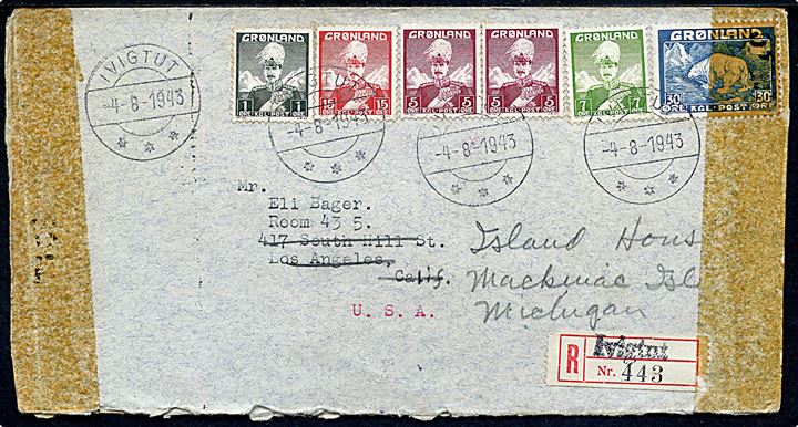 1 øre, 5 øre (2), 7 øre, 15 øre Chr. X og 30 øre Isbjørn på anbefalet brev fra Ivigtut d. 4.8.1943 via amerikansk feltpost A.P.O. 615 (= BW7 Ivigtut) d. 5.8.1943 og New York til Los Angeles, USA - eftersendt til Mackinac Island, Michigan. Åbnet af amerikansk censur.