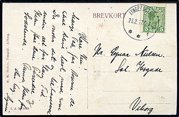 5 øre Chr. X på brevkort (Anderstrup) annulleret med brotype IIIb Lyngby Østjyll. d. 26.2.1917 til Viborg.
