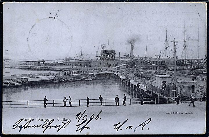 2 c. i parstykke på brevkort (Havneparti fra Callao) stemplet Callao d. 16.5.1906 til Blankenese, Tyskland.