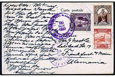 6 c. blandingsfrankeret brevkort (Max Vollmberg: Gade efter Jordskælv) fra La Union d. 24.11.1930 via San Salvador til Frankfurt, Tyskland.