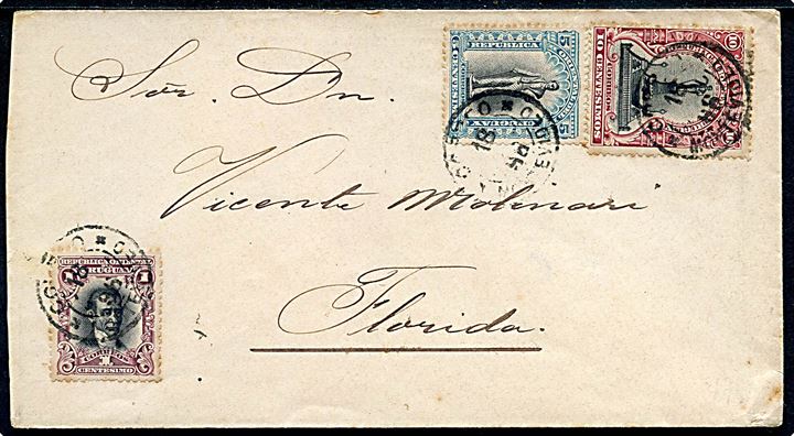 Komplet sæt Suarez Mindesmærke på brev fra Montevideo d. 18.6.1896 til Florida.