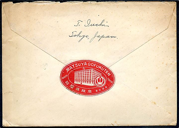 10 sn blandingsfrankeret brev fra Tokyo til København. Påskrevet Via Siberia. På bagsiden papir lukkeoblat fra: Matsuya gofukuten ginza.