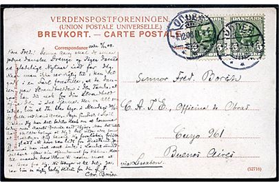 5 øre Fr. VIII i parstykke på brevkort fra Odder d. 7.12.1908 til Buenos Aires, Argentina. Påskrevet via Lissabon.