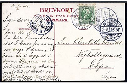 Ufrankeret brevkort fra Hellerup d. 1.6.1906 postalt opfrankeret med 5 øre Chr. IX og annulleret med sjældent brotype Ia kassetømningsstempel Hellerup Hp. * B. * K. d. 2.6.1906 til Nybøllegaard pr. Espe. Transit stemplet med lapidar bureau-stempel Ringe - Faaborg d. 2.6.1906. Tømningsstemplet Hellerup Hp. * B. * K. blev benyttet ved Kjøbenhavns Banegaardspostkontor og kendes anvendt i perioden 19.5.-16.7.1906. Sen anvendelse af lapidar bureaustempel Ringe - Faaborg.