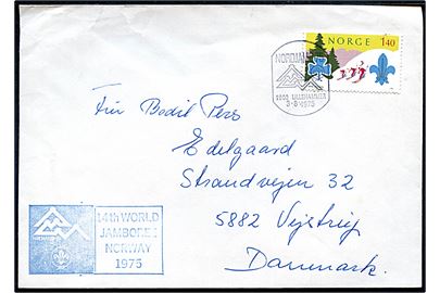1,40 kr. Spejder udg. på brev annulleret med særstempel fra NORDJAM 75 i Lillehammer d. 3.8.1975 til Vejstrup, Danmark. Blåt stempel fra 14th World Jamboree Norway 1975.