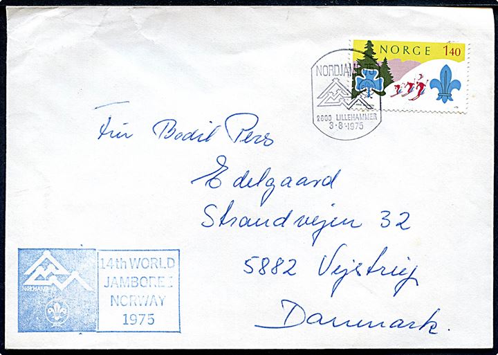 1,40 kr. Spejder udg. på brev annulleret med særstempel fra NORDJAM 75 i Lillehammer d. 3.8.1975 til Vejstrup, Danmark. Blåt stempel fra 14th World Jamboree Norway 1975.