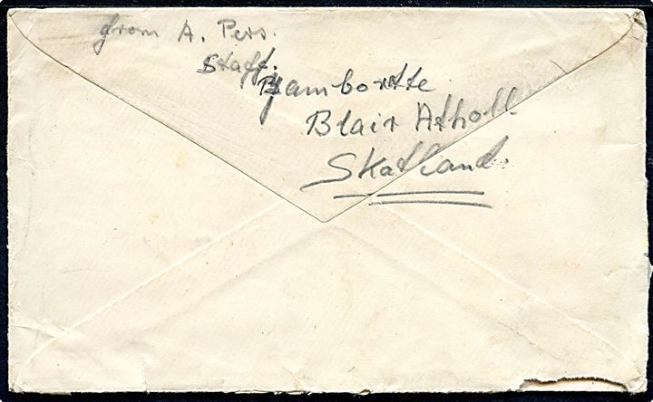 4d Elizabeth på brev stemplet Blair Atholl Perthshire d. 27.7.1956 til Vejstrup, Danmark. Sendt fra dansk spejder i Jamborette Blair Atholl. 