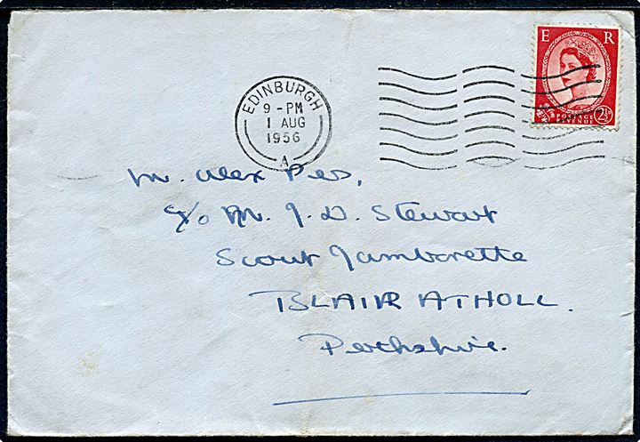 2½d Elizabeth på brev fra Edinburgh d. 1.8.1956 til dansk spejder ved Scout Jamborette i Blair Atholl, Perthshire, Scotland.