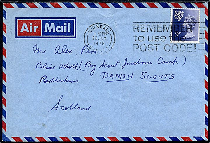 9d Elizabeth på brev fra Kirkwall d. 22.7.1978 til dansk spejder i Scout Camp Blair Atholl, Scotland.  På bagsiden ank.stemplet: International Scout Camp Blair Atholl, Scotland d. 24.7.1978.