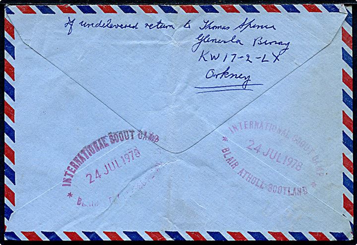 9d Elizabeth på brev fra Kirkwall d. 22.7.1978 til dansk spejder i Scout Camp Blair Atholl, Scotland.  På bagsiden ank.stemplet: International Scout Camp Blair Atholl, Scotland d. 24.7.1978.
