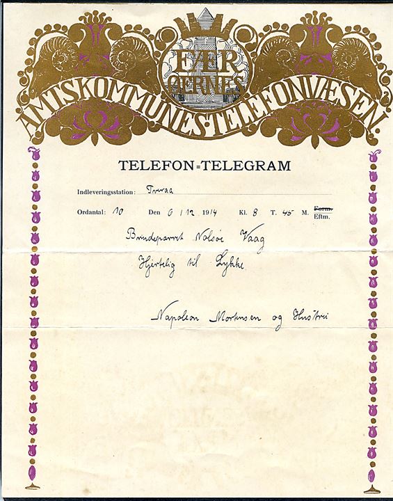 Færøernes Amtskommunes Telefonvæsen. Illustreret Telefon-Telegram formular med meddelelse fra Tveraa d. 6.12.1914 til Vaag. Fold. 