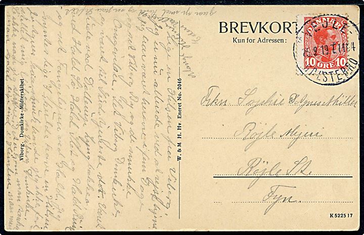 10 øre Chr. X på brevkort fra Viborg annulleret med bureaustempel Vejle - Holstebro sn3 T.1184 d. 25.9.1919 til Røjle St.