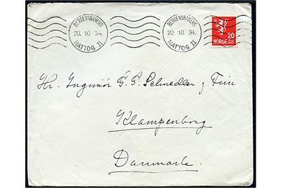 20 øre Løve på brev annulleret med bureaustempel Bergensbanens Nattog II d. 20.10.1934 til Klampenborg, Danmark.