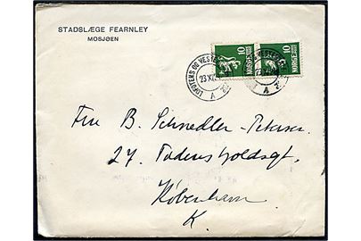 10 øre Løve i parstykke på brev annulleret med sejlende bureaustempel Lofotens og Vesteraalens PXP. A d. 23.11.1924 til København, Danmark.