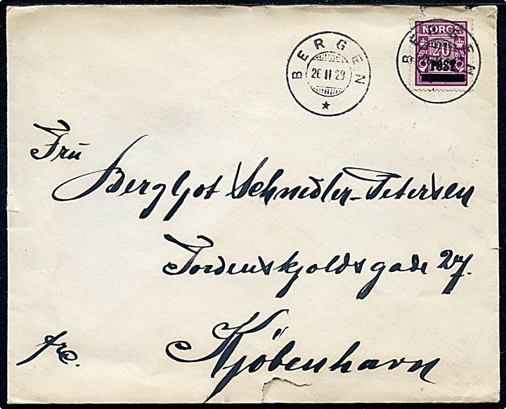 20 øre Provisorium single på brev fra Bergen d. 26.2.1929 til København, Danmark.