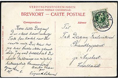 5 øre Chr. IX på brevkort (Parti fra Dame) annulleret med lapidar Askeby d. 18.7.(ca. 1906) til Nysted.