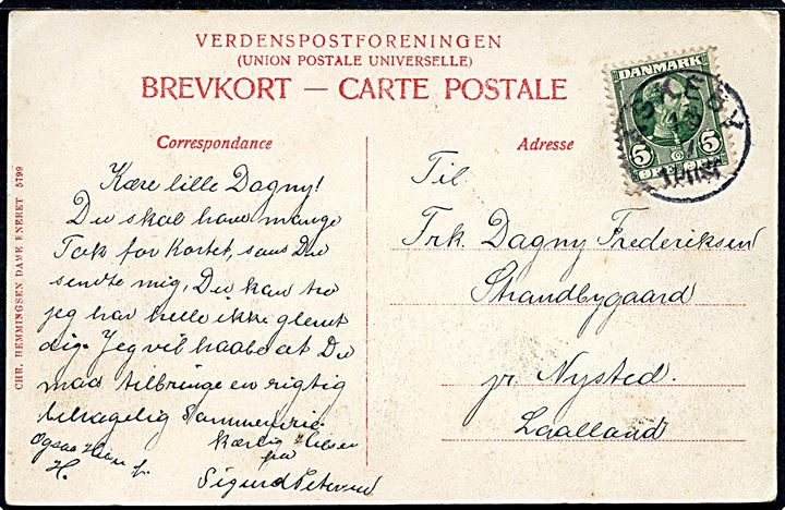 5 øre Chr. IX på brevkort (Parti fra Dame) annulleret med lapidar Askeby d. 18.7.(ca. 1906) til Nysted.