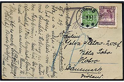 Tjekkisk 1,20 kr. på underfrankeret brevkort d. 27.9.1929 til Hobro, Danmark. Udtakseret i porto med 10 øre Portomærke stemplet Hobro d. 2.10.1929.