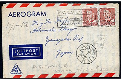 25 øre Fr. IX i parstykke på privat aerogram fra København d. 21.1.1952 til Matsumoto, Shinjo, Yamagata Prefecture, Japan.