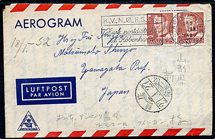 25 øre Fr. IX i parstykke på privat aerogram fra København d. 21.1.1952 til Matsumoto, Shinjo, Yamagata Prefecture, Japan.