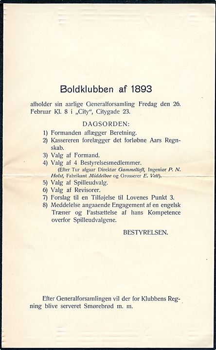 2 øre Bølgelinie single på lokal tryksag i Kjøbenhavn d. 20.2.1909. Indeholder indkaldelse til generalforsamling i Boldklubben af 1893.