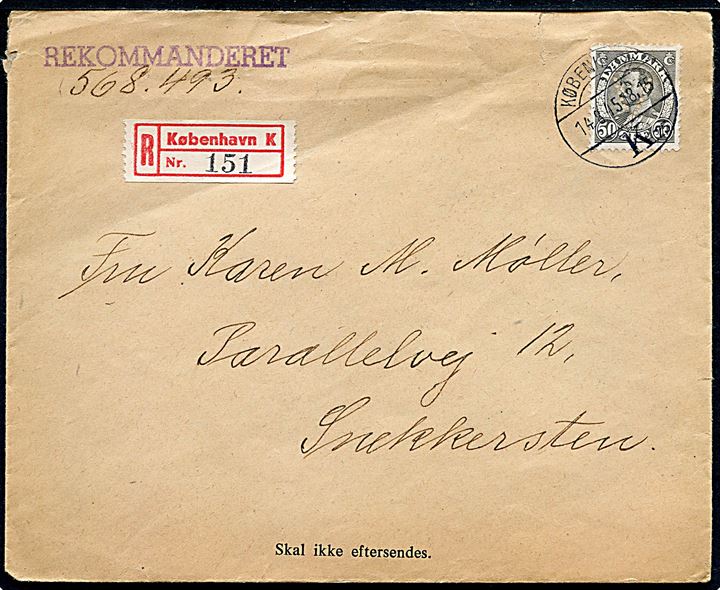 50 øre Chr. X med perfin V på anbefalet brev fra Direktoratet for Vareforsyning i København d. 14.8.1945 til Snekkersten.